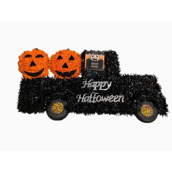 Halloween Tinsel Truck Decor With Orange Pumpkin Faces - Picture 1 of 10